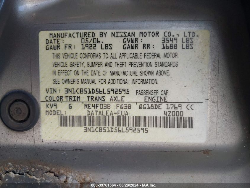 3N1CB51D56L592595 | 2006 NISSAN SENTRA