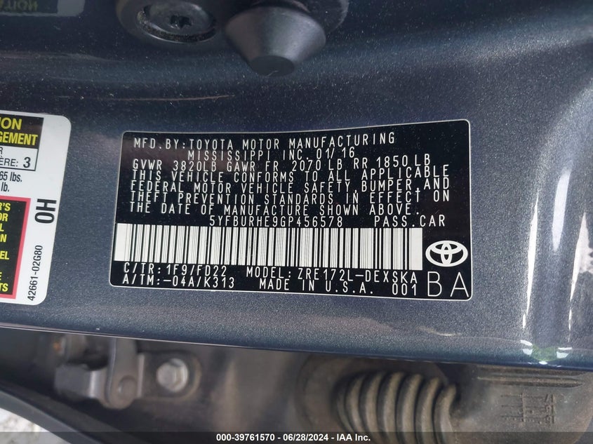 2016 TOYOTA COROLLA L/LE/LE PLS/PRM/S/S PLS - 5YFBURHE9GP456578