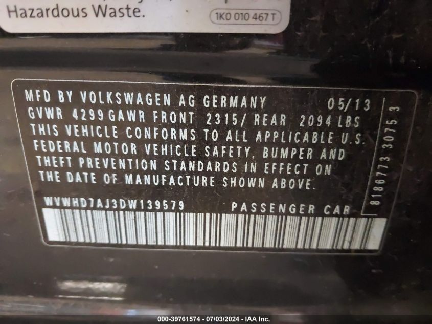 2013 Volkswagen Gti Drivers Edition VIN: WVWHD7AJ3DW139579 Lot: 39761574