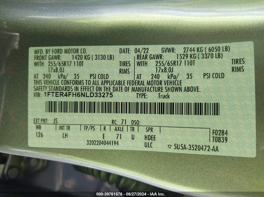 2022 Ford Ranger Xl VIN: 1FTER4FH6NLD33275 Lot: 39761576