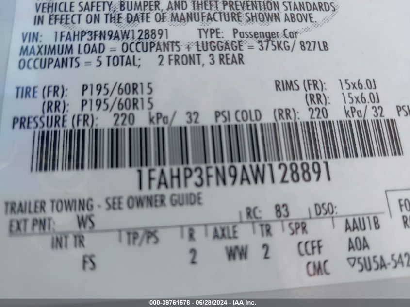 2010 Ford Focus Se VIN: 1FAHP3FN9AW128891 Lot: 39761578