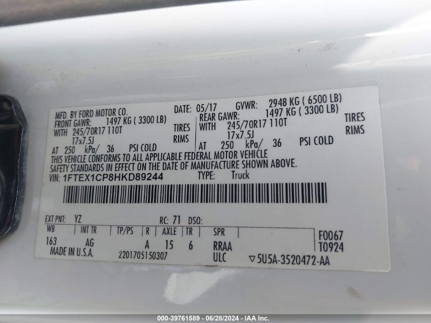 2017 Ford F-150 Xl VIN: 1FTEX1CP8HKD89244 Lot: 39761589