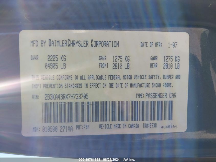 2007 Dodge Charger Se/Sxt VIN: 2B3KA43RX7H733705 Lot: 39761598