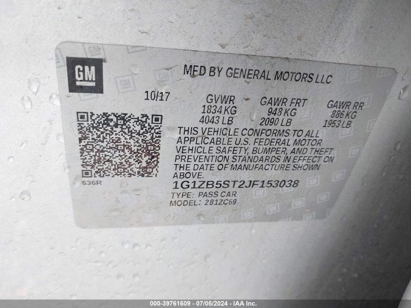 2018 Chevrolet Malibu 1Ls VIN: 1G1ZB5ST2JF153038 Lot: 39761609