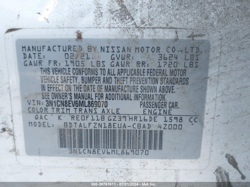 2021 Nissan Versa Sv Xtronic Cvt VIN: 3N1CN8EV6ML869070 Lot: 39761611