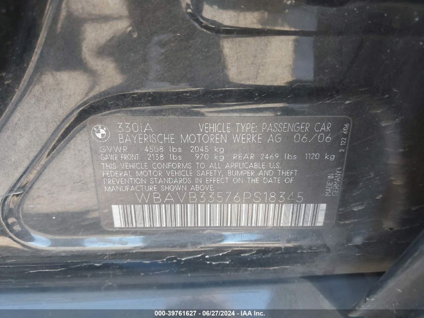 2006 BMW 330I VIN: WBAVB33576PS18345 Lot: 39761627
