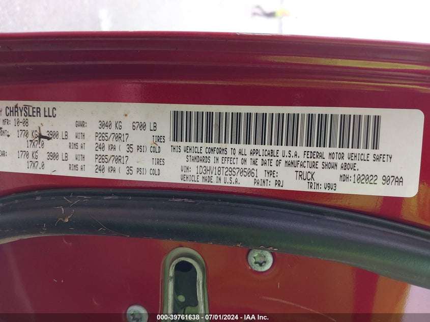 2009 Dodge Ram 1500 Slt/Sport/Trx VIN: 1D3HV18T29S705061 Lot: 39761638