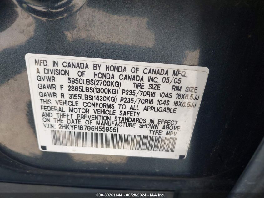 2005 Honda Pilot Ex-L VIN: 2HKYF18795H559551 Lot: 39761644