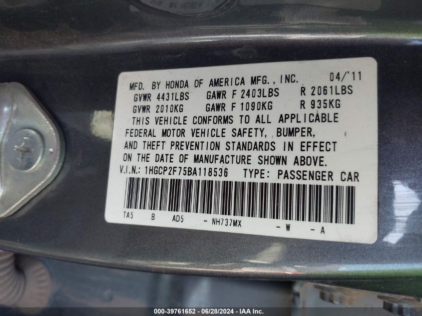 2011 Honda Accord Ex VIN: 1HGCP2F75BA118536 Lot: 39761652