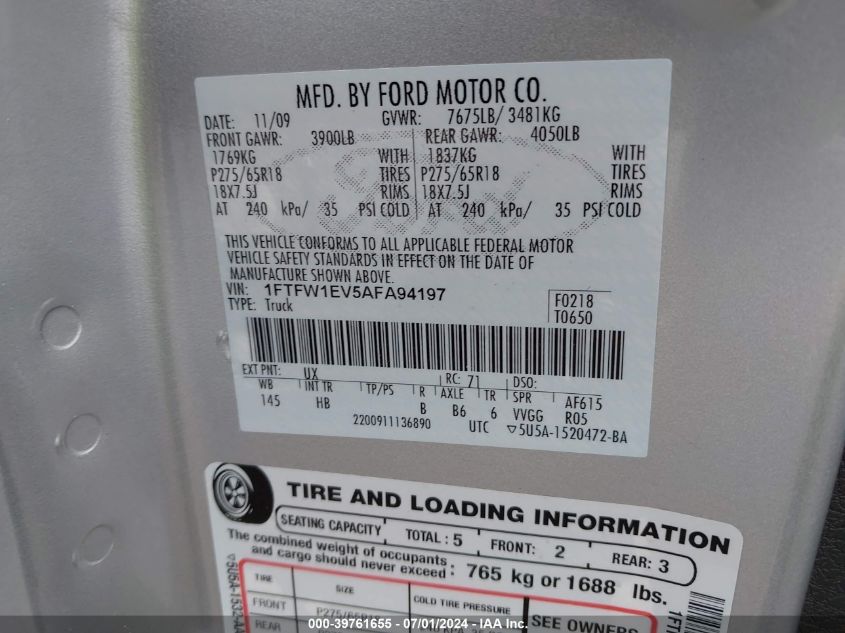 2010 Ford F-150 Fx4/Harley-Davidson/King Ranch/Lariat/Platinum/Xl/Xlt VIN: 1FTFW1EV5AFA94197 Lot: 39761655