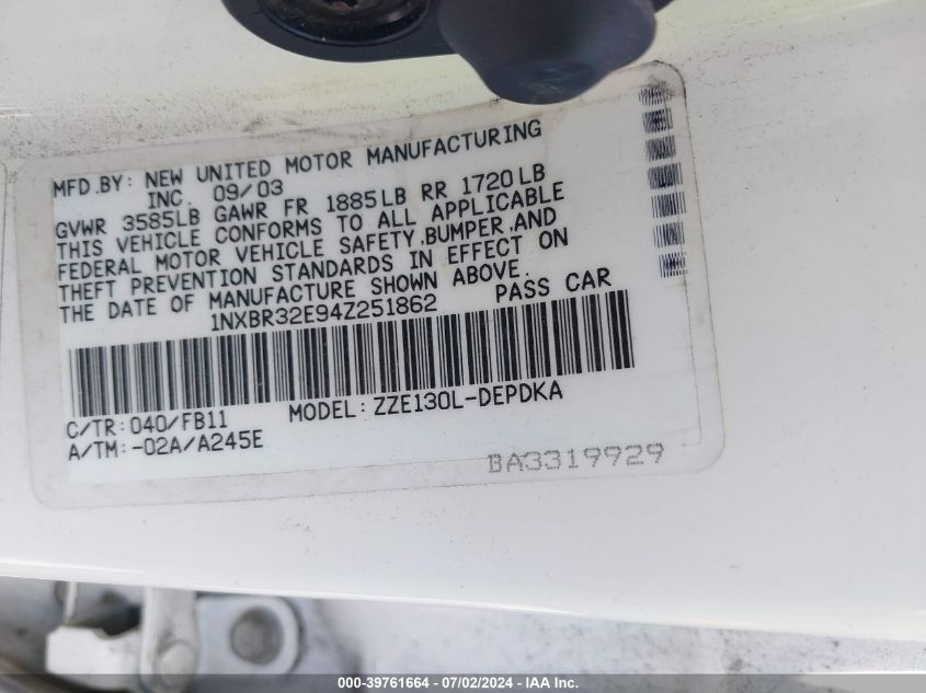 2004 Toyota Corolla Ce VIN: 1NXBR32E94Z251862 Lot: 39761664