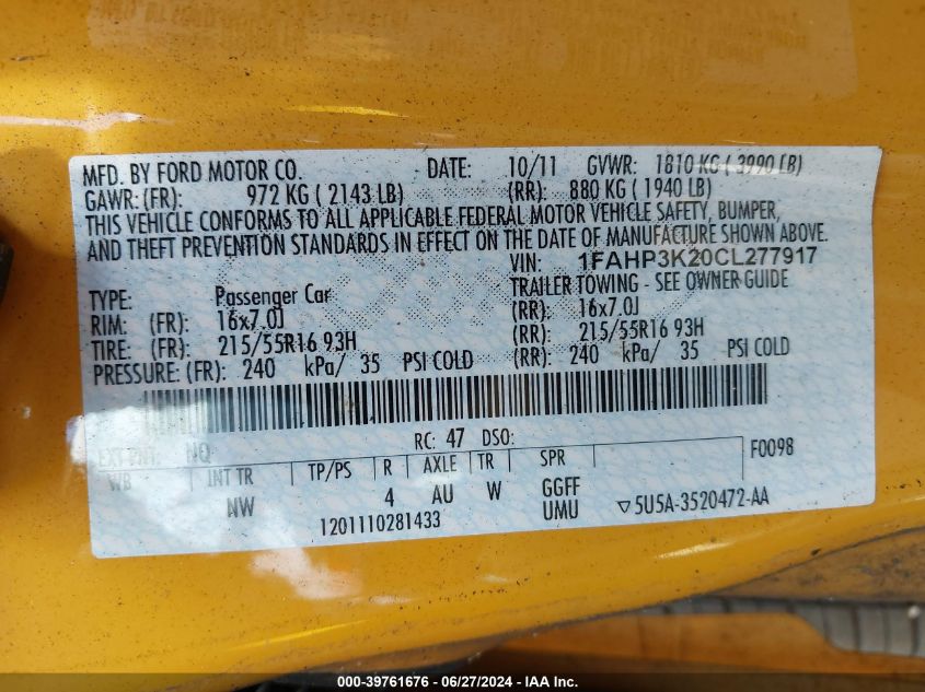 2012 Ford Focus Se VIN: 1FAHP3K20CL277917 Lot: 39761676