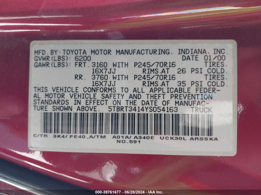 2000 Toyota Tundra Sr5 V8 VIN: 5TBRT3414YS054163 Lot: 39761677