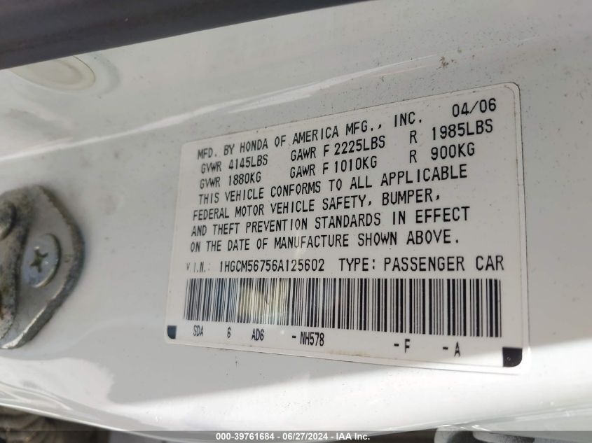 2006 Honda Accord 2.4 Ex VIN: 1HGCM56756A125602 Lot: 39761684