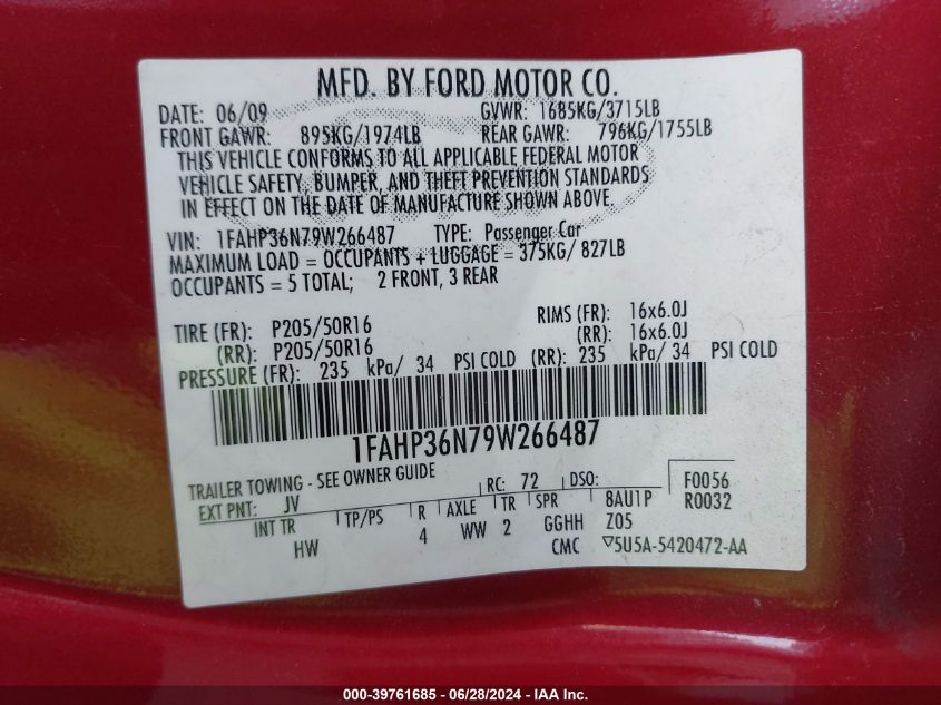 2009 Ford Focus Ses VIN: 1FAHP36N79W266487 Lot: 39761685