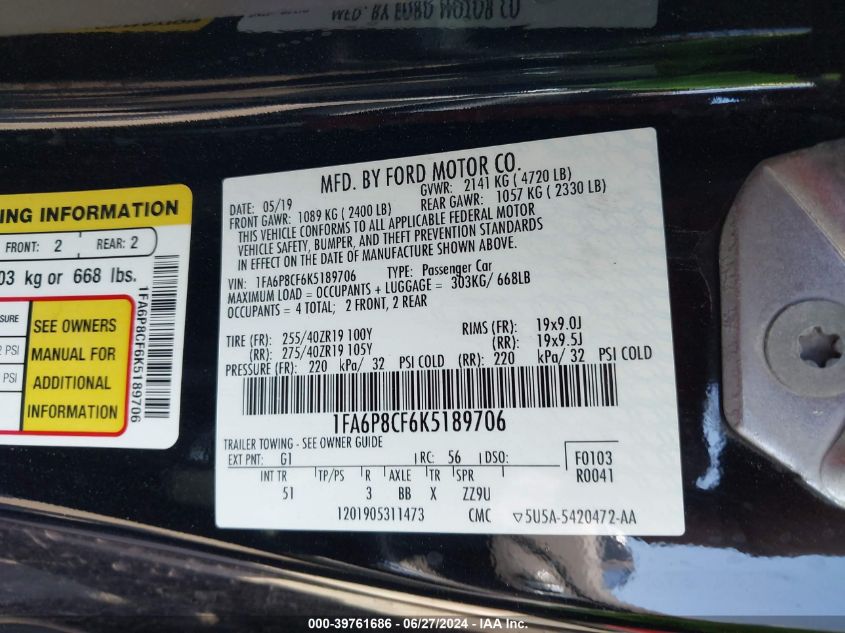 2019 Ford Mustang Gt Premium VIN: 1FA6P8CF6K5189706 Lot: 39761686