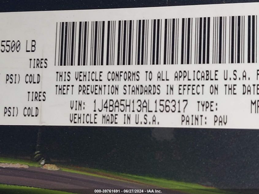 2010 Jeep Wrangler Unlimited Sahara VIN: 1J4BA5H13AL156317 Lot: 39761691