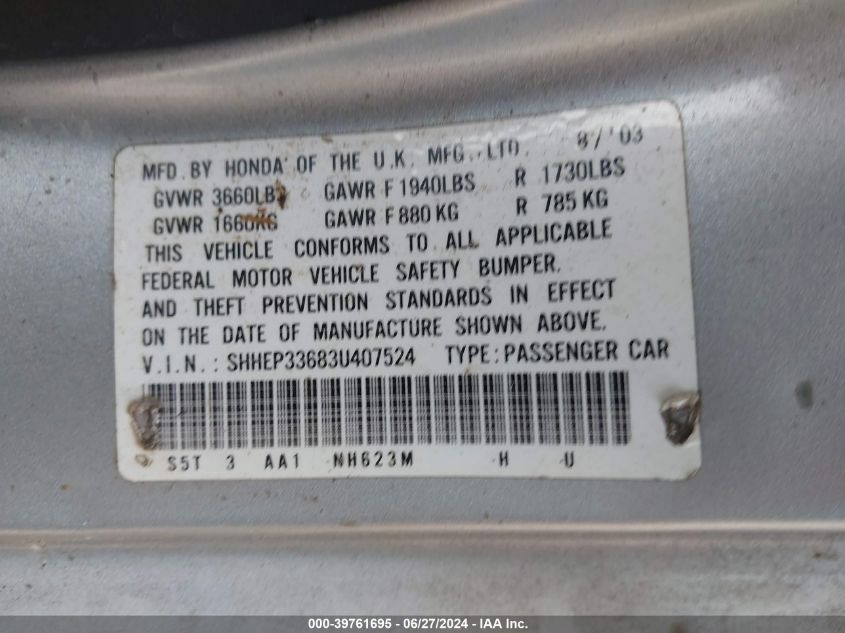 2003 Honda Civic Si VIN: SHHEP33683U407524 Lot: 39761695