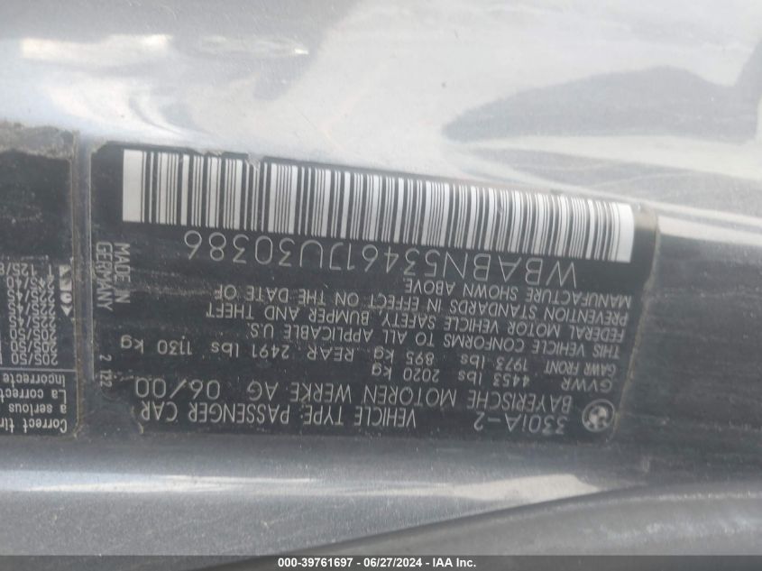 2001 BMW 330Ci VIN: WBABN53461JU30386 Lot: 39761697