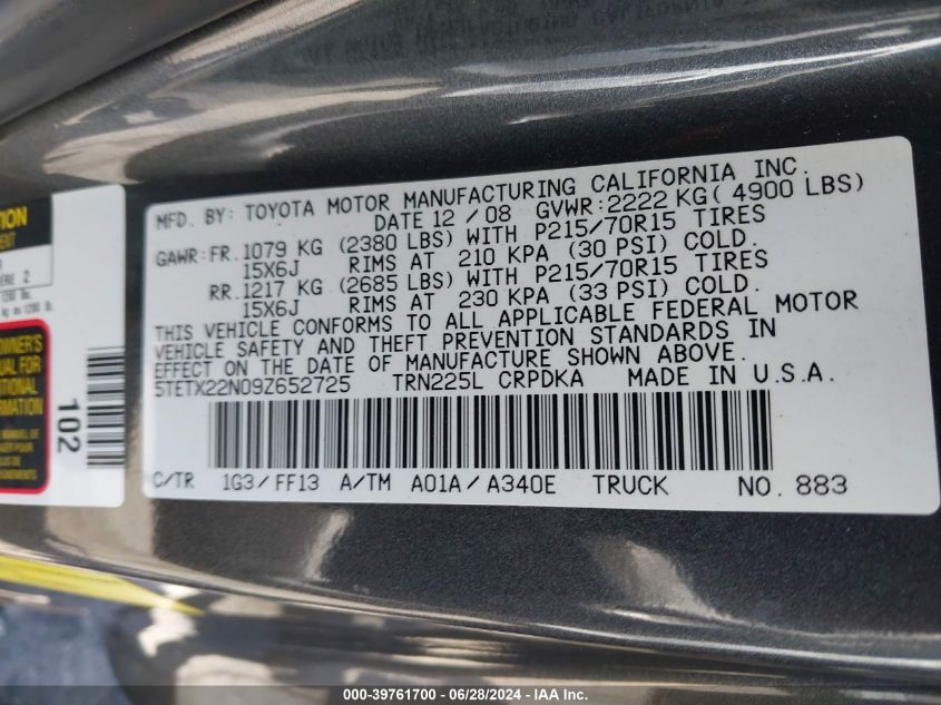 2009 Toyota Tacoma Access Cab VIN: 5TETX22N09Z652725 Lot: 39761700