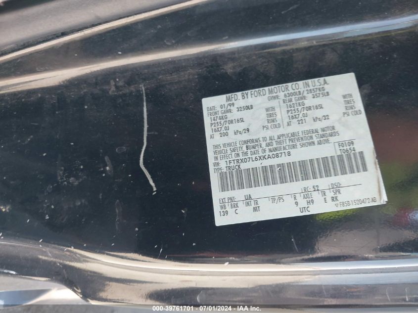 1999 Ford F-150 Lariat/Xl/Xlt VIN: 1FTRX07L6XKA08718 Lot: 39761701