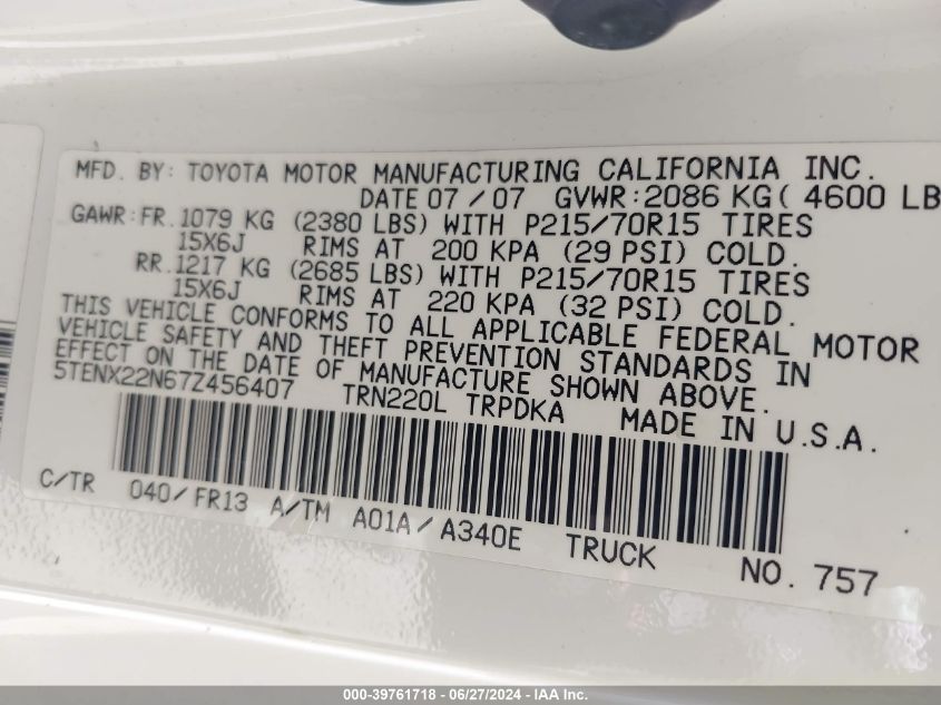 2007 Toyota Tacoma VIN: 5TENX22N67Z456407 Lot: 39761718