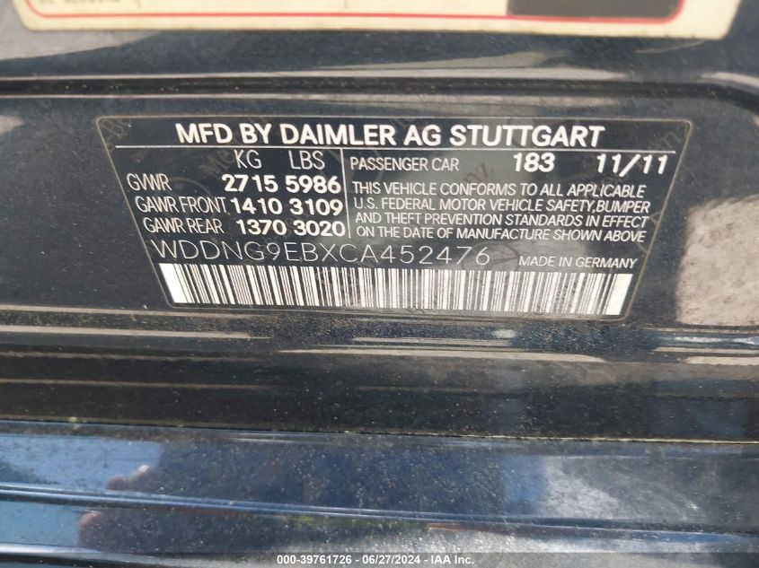 2012 Mercedes-Benz S-Class 550 4Matic VIN: WDDNG9EBXCA452476 Lot: 39761726