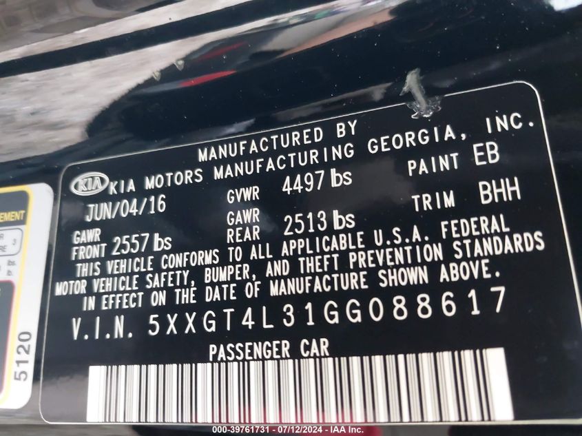2016 Kia Optima Lx VIN: 5XXGT4L31GG088617 Lot: 39761731