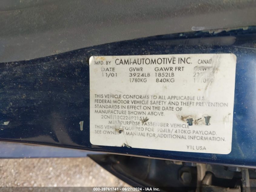 2002 Chevrolet Tracker Hard Top Base VIN: 2CNBJ13C226921515 Lot: 39761741