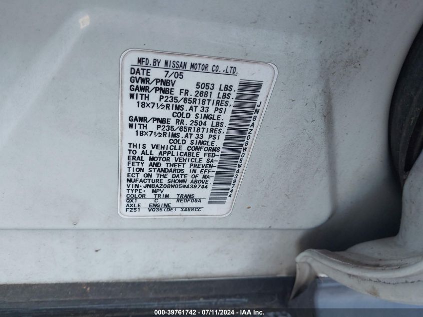 2005 Nissan Murano Sl VIN: JN8AZ08W05W439744 Lot: 39761742