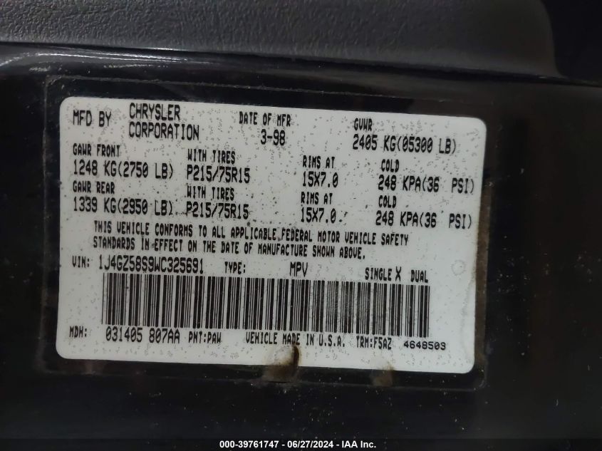 1998 Jeep Grand Cherokee Laredo VIN: 1J4GZ58S9WC325691 Lot: 39761747