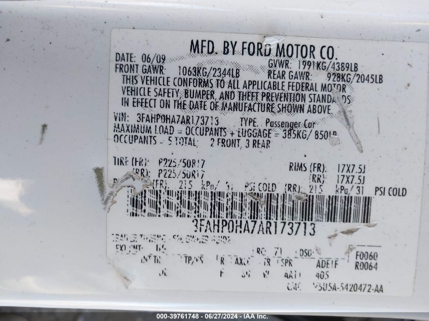 2010 Ford Fusion Se VIN: 3FAHP0HA7AR173713 Lot: 39761748