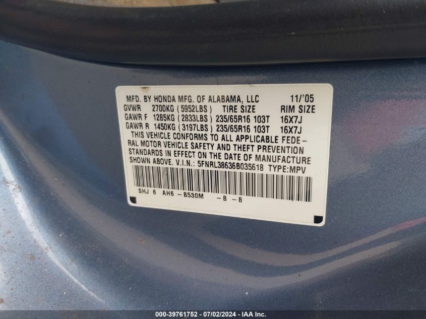 2006 Honda Odyssey Ex-L VIN: 5FNRL38636B035618 Lot: 39761752