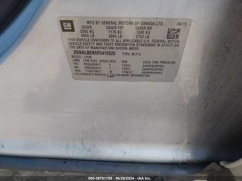 2015 Chevrolet Equinox 1Lt VIN: 2GNALBEK6F6415025 Lot: 39761759