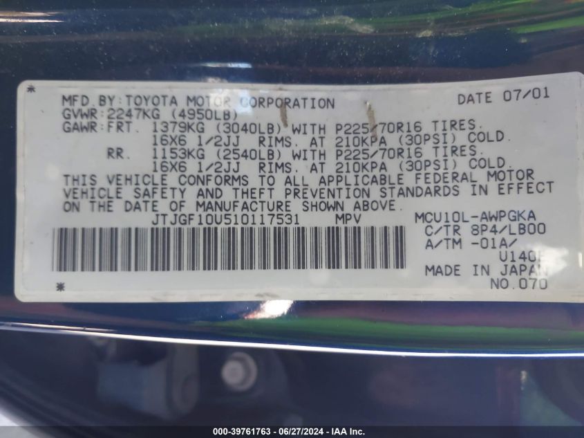 2001 Lexus Rx 300 VIN: JTJGF10U510117531 Lot: 39761763