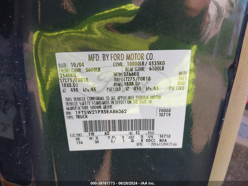 2005 Ford F-250 Lariat/Xl/Xlt VIN: 1FTSW21PX5EA86362 Lot: 39761773