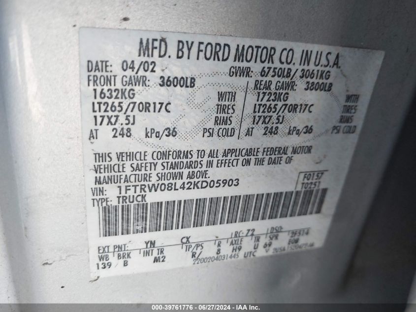 2002 Ford F-150 Lariat/Xlt VIN: 1FTRW08L42KD05903 Lot: 39761776