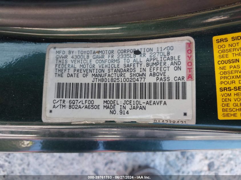 2001 Lexus Is 300 VIN: JTHBD182510020477 Lot: 39761783