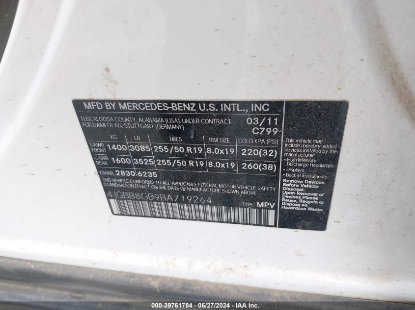 2011 Mercedes-Benz Ml 350 4Matic VIN: 4JGBB8GB9BA719264 Lot: 39761784