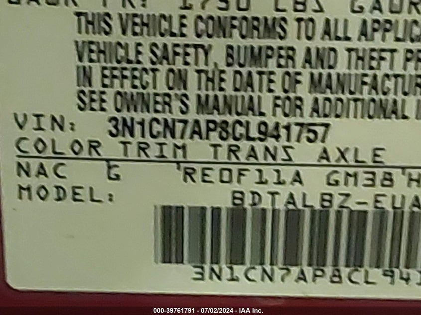 2012 Nissan Versa 1.6 Sv VIN: 3N1CN7AP8CL941757 Lot: 39761791