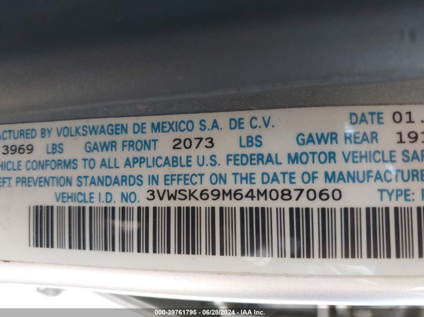 2004 Volkswagen Jetta Gls 2.0L VIN: 3VWSK69M64M087060 Lot: 39761795