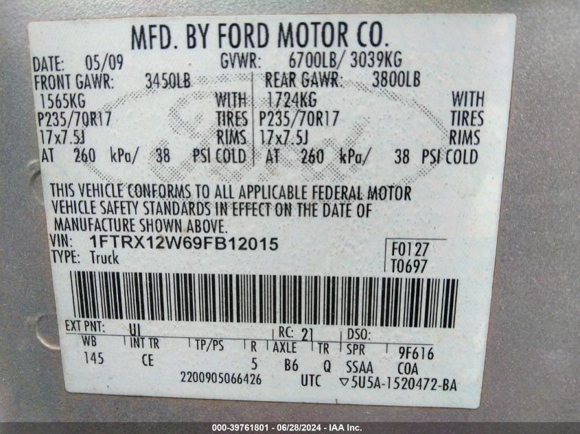 2009 Ford F-150 Stx/Xl VIN: 1FTRX12W69FB12015 Lot: 39761801