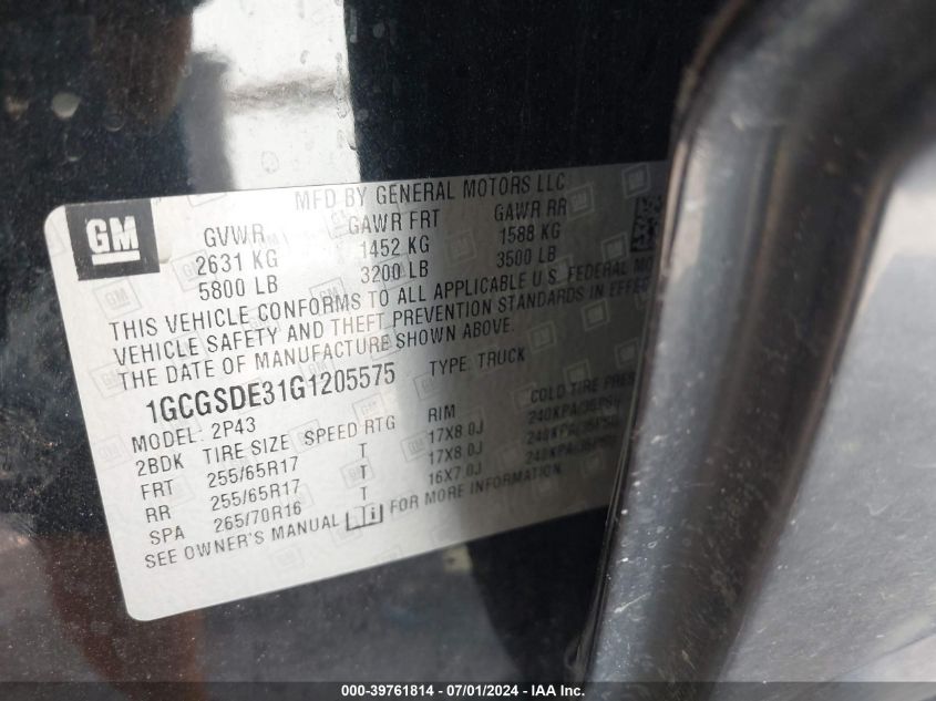 2016 Chevrolet Colorado Z71 VIN: 1GCGSDE31G1205575 Lot: 39761814