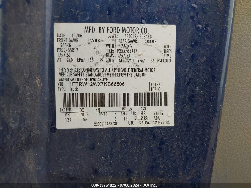 2007 Ford F-150 Xlt VIN: 1FTRW12WX7KB66506 Lot: 39761822
