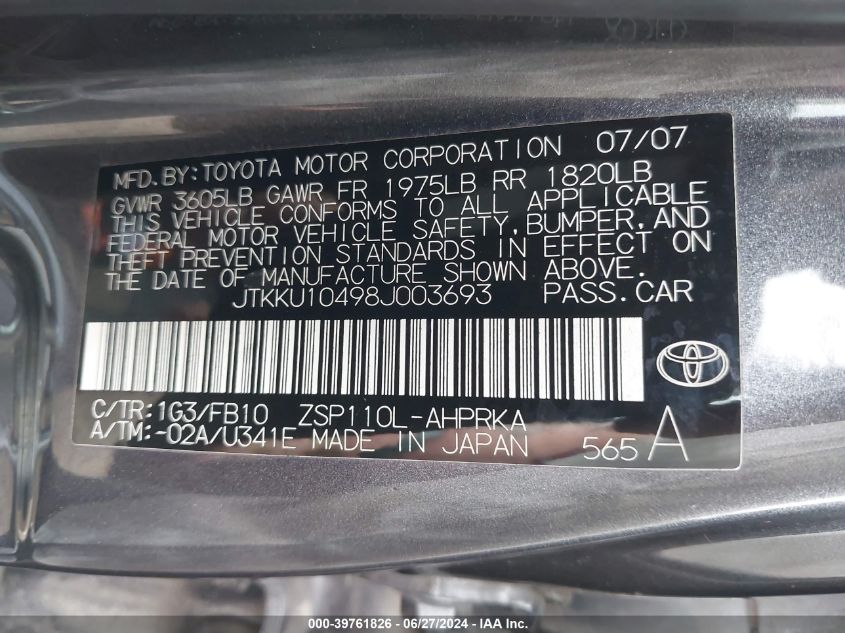 2008 Scion Xd VIN: JTKKU10498J003693 Lot: 39761826