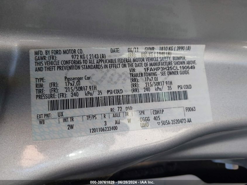 2012 Ford Focus Sel VIN: 1FAHP3H25CL190649 Lot: 39761829