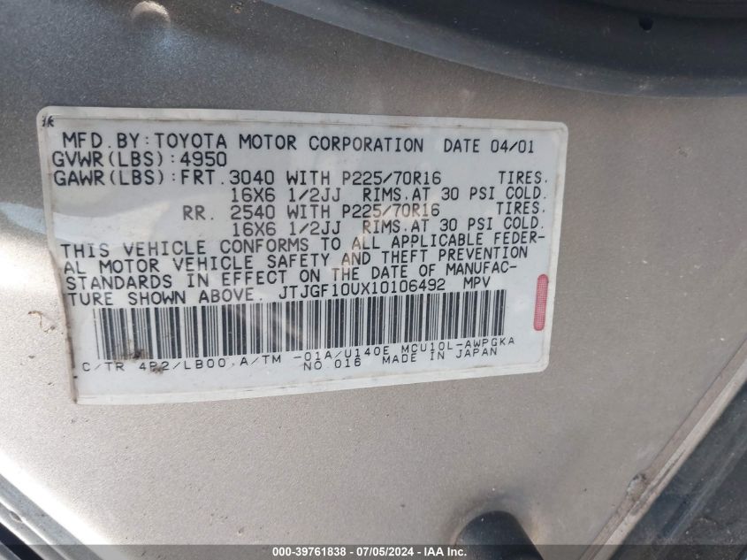 2001 Lexus Rx 300 VIN: JTJGF10UX10106492 Lot: 39761838