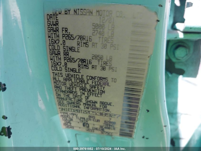 2002 Nissan Xterra Xe VIN: 5N1ED28T22C538927 Lot: 39761852