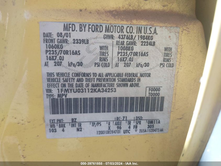 2002 Ford Escape Xlt VIN: 1FMYU03112KA34253 Lot: 39761855