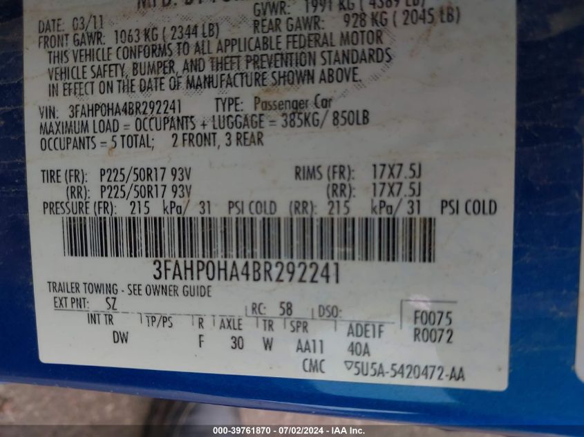 2011 Ford Fusion Se VIN: 3FAHP0HA4BR292241 Lot: 39761870